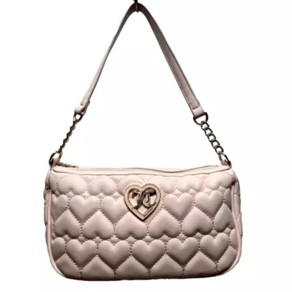 Juicy Couture Shoulder Bag Purse Light Pink Quilted Hearts Gold JC Logo Top Zip - Picture 1 of 16